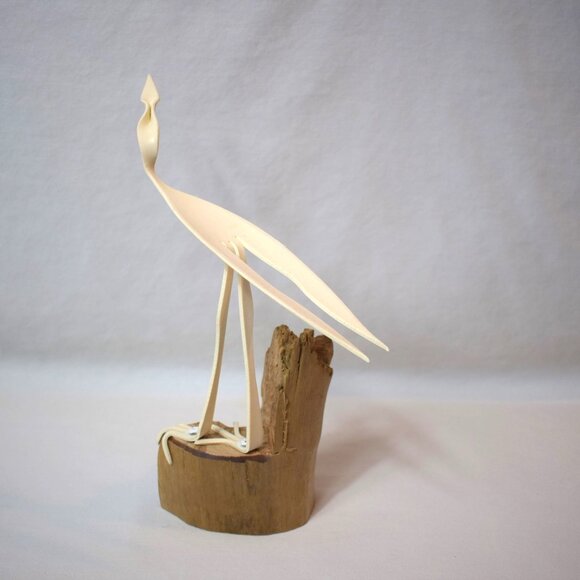 Handmade Folk Art PVC Bird Egret Herron on Wood Stump Signed Robert Morris - Picture 2 of 3